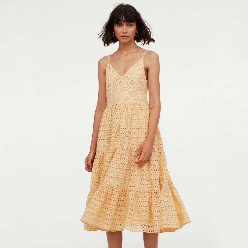 H&M Eyelet Embroidered Dress - Pale Yellow